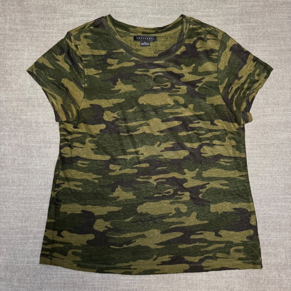 Sanctuary Camo 100% Linen Tee Shirt Women's Medium Green Camouflage Short Sleeve